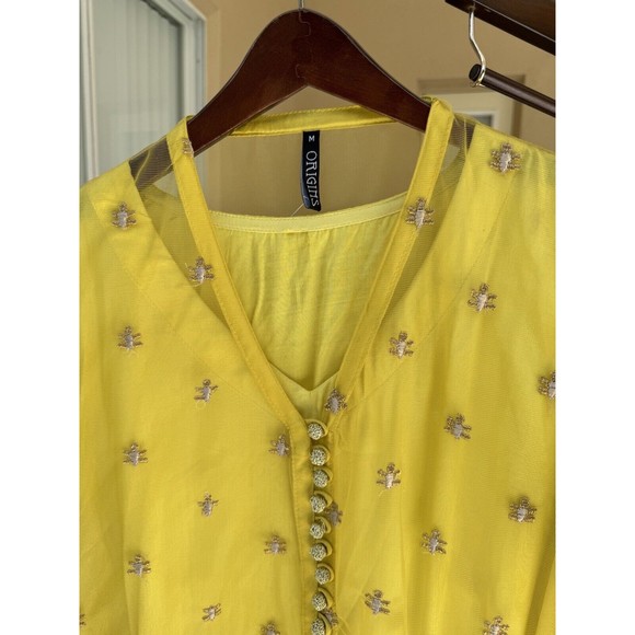 Origins Size M A-Line Front Open Shirt with Trouser - Lime Yellow - Net Silk - Picture 2 of 5